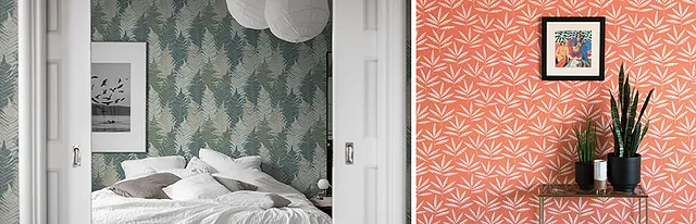 gröna och röda tapeter i ett sovrum